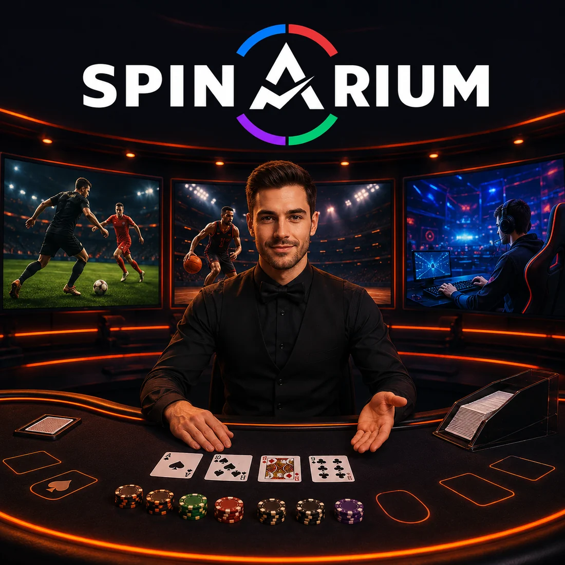 Crupier en vivo de Spinarium en una mesa de blackjack, con pantallas de fútbol, básquet y eSports detrás